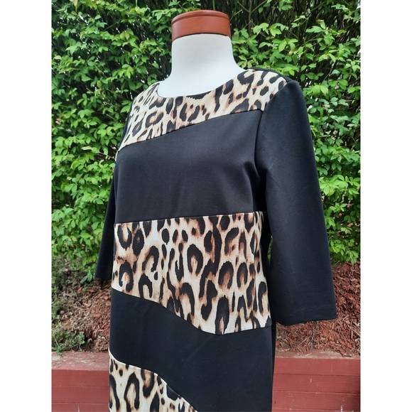 Chico's Asymmetric Leopard Colorblock Print Ponte Stretch Dress Slimming Petite - Picture 1 of 11